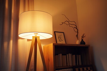 Decorative lamp shade with warm light next to a bookshelf