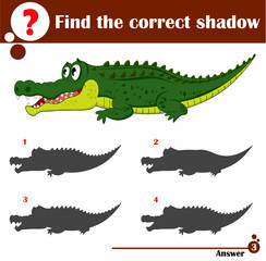 Educational game for children. Find the correct shadow. Cute crocodile