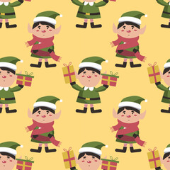 Christmas elf with gifts seamless pattern on yellow background. Cute winter holidays background. Baby design for textile, fabric, decor. EPS