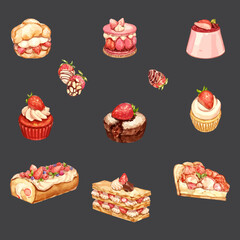 Watercolor style vector illustration with various sweets using strawberries