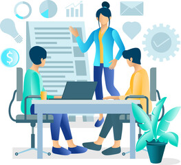 Illustration of business presentation with client and team Suitable for landing page, flyers, Infographics, And Other Graphic Related Assets-vector