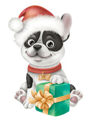 Bulldog in a Christmas hat with a gift