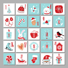 Christmas advent calendar with hand drawn elements Christmas poster vector illustration