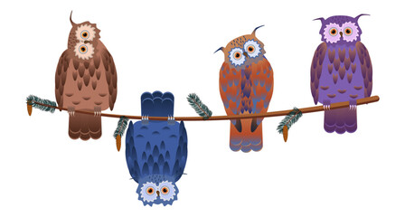 Four multi-colored decorative owls in various poses on a spruce branch with cones