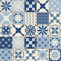 Blue indigo flower pattern on ceramic tiles, vector illustration for design