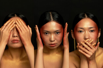 Collage doesn't see evil, I don't hear evil, I don't talk about evil. Three monkeys. A girl of...