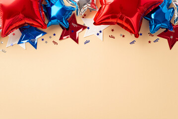 Forth of July decorations concept. Top view photo of balloons in national flag colors star garland...