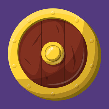 Viking shield game icon. Illustration of a wooden weapon, medieval style. Round shield, military design element for mobile gaming app.