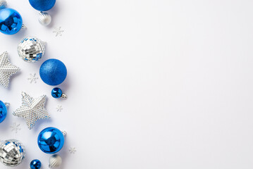 Christmas Eve concept. Top view photo of blue white silver baubles disco ball glowing star...