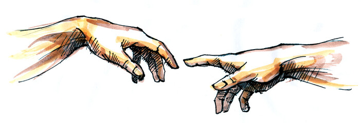 God's creation of Adam. Watercolor painting of human hands. Hand touch - obrazy, fototapety, plakaty