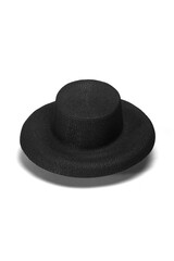 Close-up shot of a black straw wide-brimmed hat. The black straw sun hat with a rounded downward brim is isolated on a white background. Top view.
