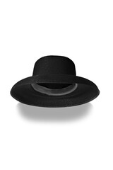 Close-up shot of a black straw wide-brimmed hat. The black straw sun hat with a rounded downward brim is isolated on a white background. Bottom view.