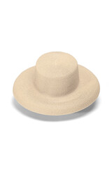 Fototapeta na wymiar Close-up shot of a light beige straw wide-brimmed hat. The light beige straw sun hat with a rounded downward brim is isolated on a white background. Top view.