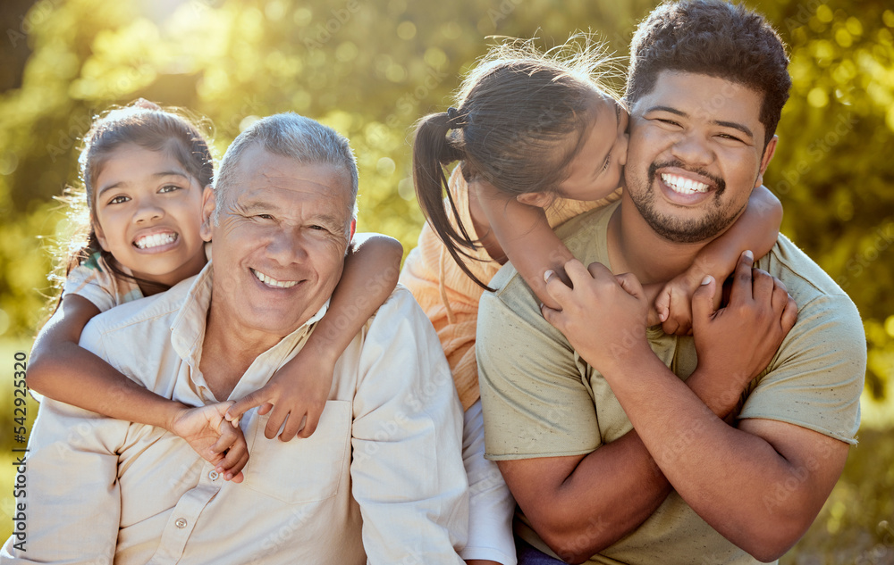 Canvas Prints Happy family, love and children smile outdoors bonding together for piggy back ride in garden. Fun grandpa, relax dad and kids play in nature park on big family travel vacation or summer holiday