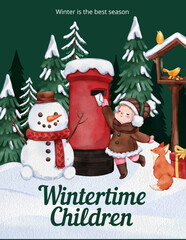 Poster template with children enjoy winter concept, watercolor style