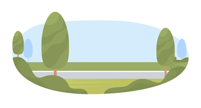 Roadway 2D vector isolated illustration. Roadside greenery flat objects on cartoon background. Suburban road. Infrastructure colourful editable scene for mobile, website, presentation
