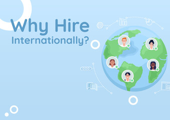 Hiring international remote employees flat vector banner template. Overseas workers poster, leaflet printable color designs. Editable flyer page with text space. Quicksand Bold font used