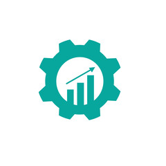 An illustration of the performance icon, progress, up arrow, diagram and gear. Flat design style