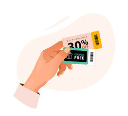 A discount coupon in a person's hand. Vector illustration isolated on a white background. - obrazy, fototapety, plakaty