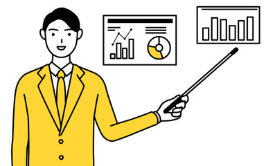 DX化のイメージ、業績グラフを分析するすスーツ姿のビジネスマンのシンプルな線画イラスト
