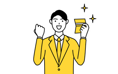 預金通帳を見て喜ぶスーツ姿のビジネスマンのシンプルな線画イラスト