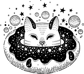 Cat in magic space donut. Cute patch sticker, kawaii badge. Girl universe animal. Cartoon doodle food vector. Sleeping cat, donut cake. Fantasy graphic. Pop 90s icon. Cool children pin. Funny cafe