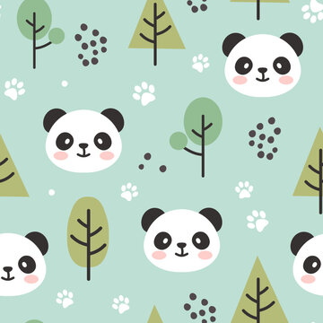 Panda bear forest mint green pastel colors, kids scandinavian style seamless pattern background with green trees and footprints. Baby cloth, fabric and textile design.