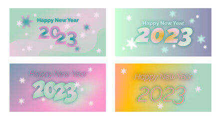 Recurso de carteles de Feliz Año Nuevo 2023. Plantillas de diseño con el texto 2023 para la celebración y la decoración de la navidad. Fondos minimalistas con degradado y estrellas o destellos