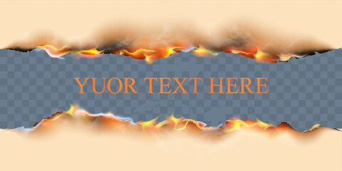 Burnt paper realistic set with isolated upper and lower borders of burning sheet with editable text and flames of fire vector illustration on transparent background