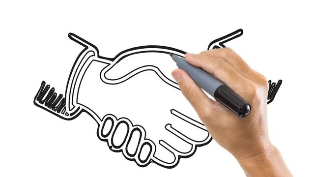 handshake Animation video Outline drawing, animation video Drawing by hand black lines on a white background. 4K Animated footage.
