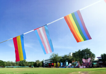 Lgbtq+ flags were hung on wire against bluesky on sunny day, soft and selective focus, concept for LGBTQ+ gender celebrations in pride month around the world.
