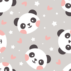 cute 2 tone pink pastel grey panda with hearts and stars seamless pattern background, kids asian bear wrapping paper, fabric and textile vector print.