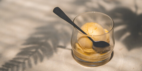 Closeup of yummy and delicious mango ice cream and sorbet in a glass with steel spoon with nobody around