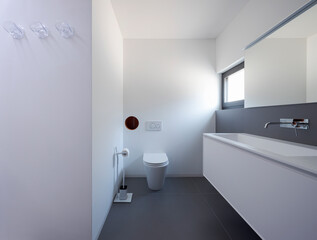 Front view bathroom with toilet, sink with large mirror and a bright window