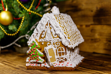 Christmas Gingerbread house on a wooden table