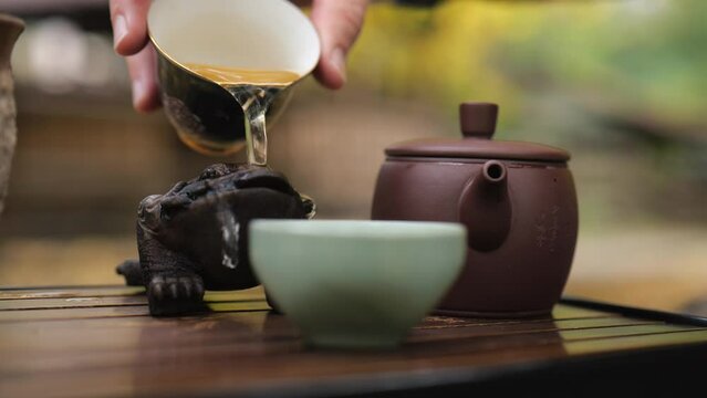 close-up. a tea master washes away a figurine of a frog for a tea ceremony with boiling water from a bowl