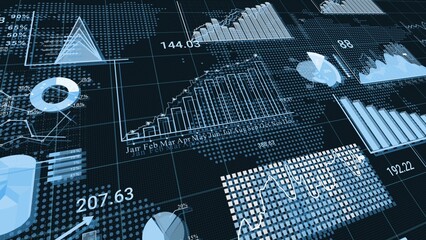 Lots of charts and graphs. Stock market or forex trading chart suitable for financial investment concept. Economy trend background for business idea. Stock market tickers. Data and statistical work.