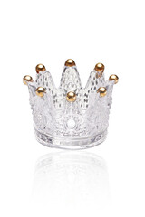Close-up shot of a handmade crown glass ring holder with round golden tips. The crown glass holder is isolated on a white background. Front view.