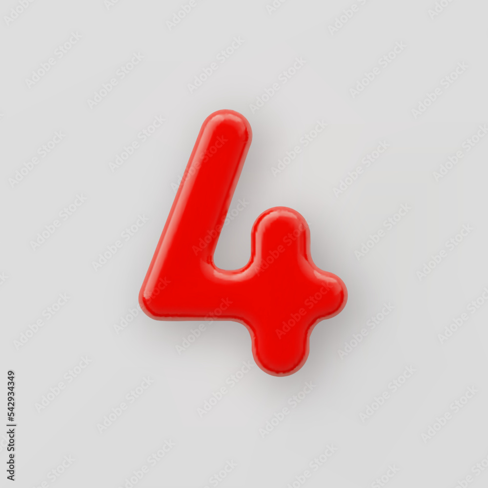 Fototapete 3d red plastic number 4 with a glossy surface on a gray background.
