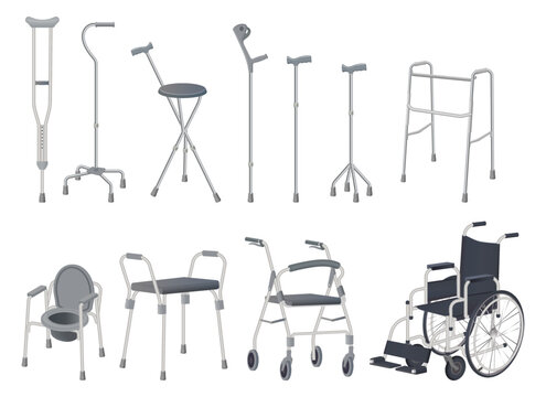 Wheelchair, walker and walking sticks.Crutches, strollers, walkers, portable toilet and walking sticks.Vector illustration.