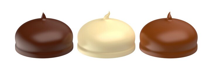White, milk and dark chocolate coated marshmallows on transparent background