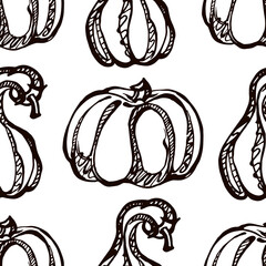 Autumn seamless pattern with hand drawn pumpkins. Suitable for packaging, wrappers, fabric design. PNG illustration