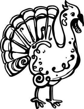 Thanksgiving hand drawn black and white turkey. PNG illustration