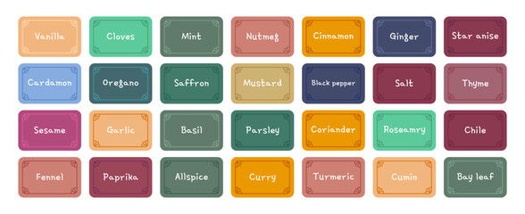 Vector spices names stickers set. Rectangle with round corners food preparation ingredients labels with frames and text isolated. Seasonings labels illustration