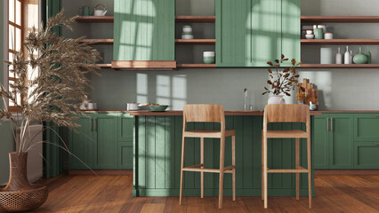 Wooden kitchen in green and beige tones with island and stools. Parquet floor, shelves and cabinets. Farmhouse boho interior design