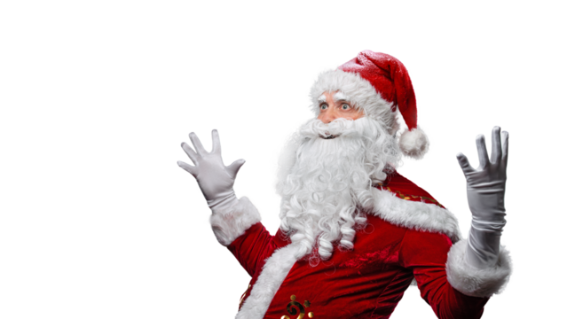 Happy Santa Claus screams from happiness. Amazing Christmas.