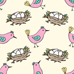 Vector seamless pattern with nest, birds. Hand drawn spring easter background