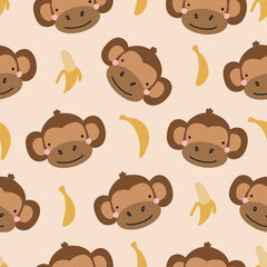 seamless pattern with cute monkeys and bananas. Vector illustration for your design.