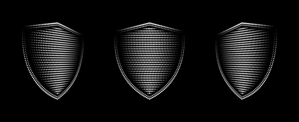 Halftone shield set. Protective shield made of dots. Protect security and safety. Vector illustration.