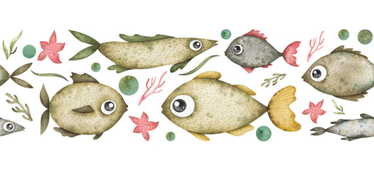 Watercolor seamless border with underwater fish, seaweeds, starfish, bubbles. Repeatable frame with cute marine elements